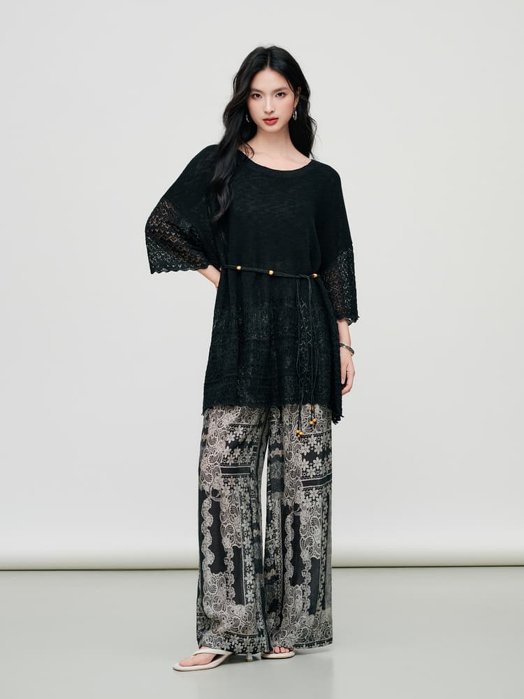 レース 服 花柄レース切替ゆったりプルオーバー
