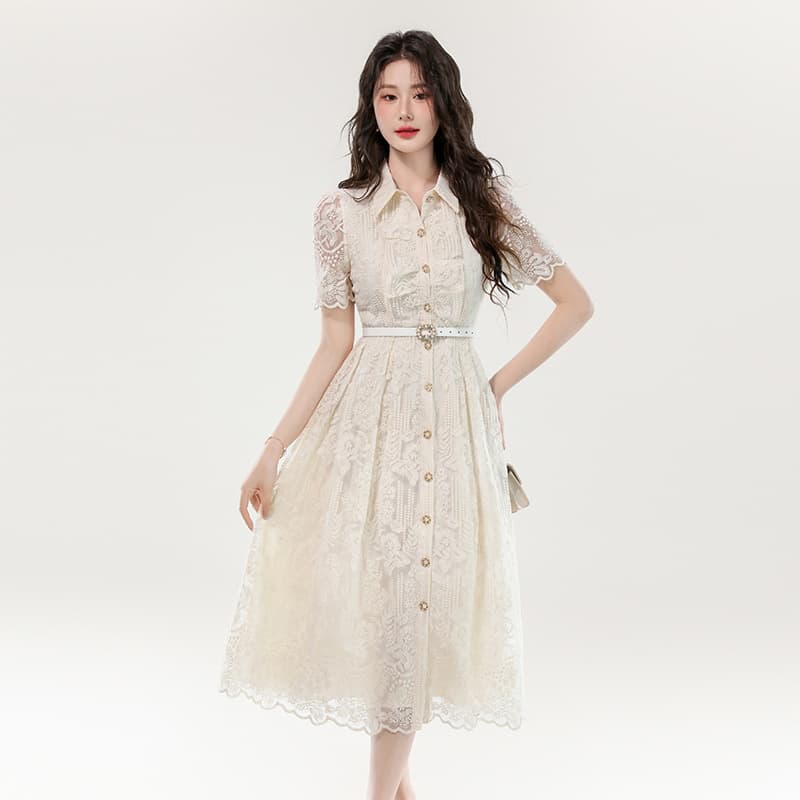 レース 服 花柄透かしレース シャツワンピース