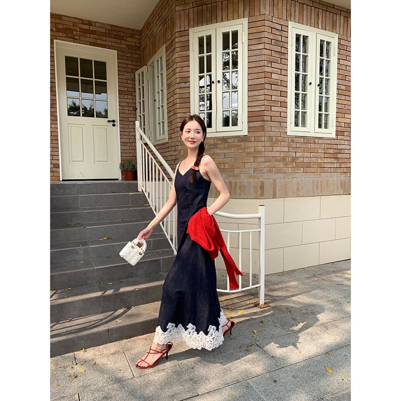 レース 服 レース裾飾り デニム風キャミワンピース