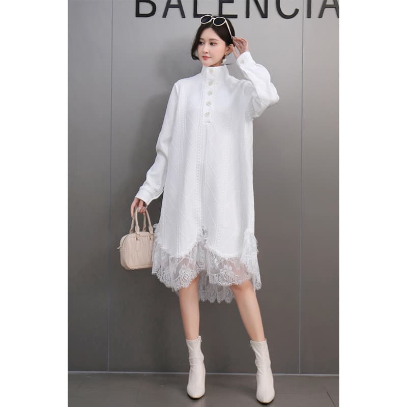 レース 服 レース裾飾り襟付きゆったりワンピース