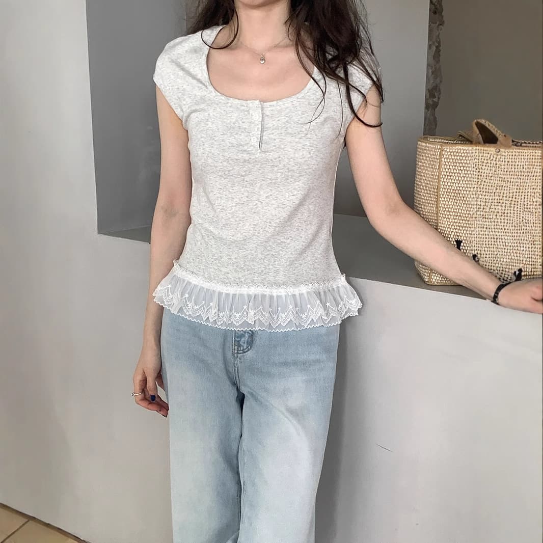レース 服 裾レース飾り半袖フレンチトップス