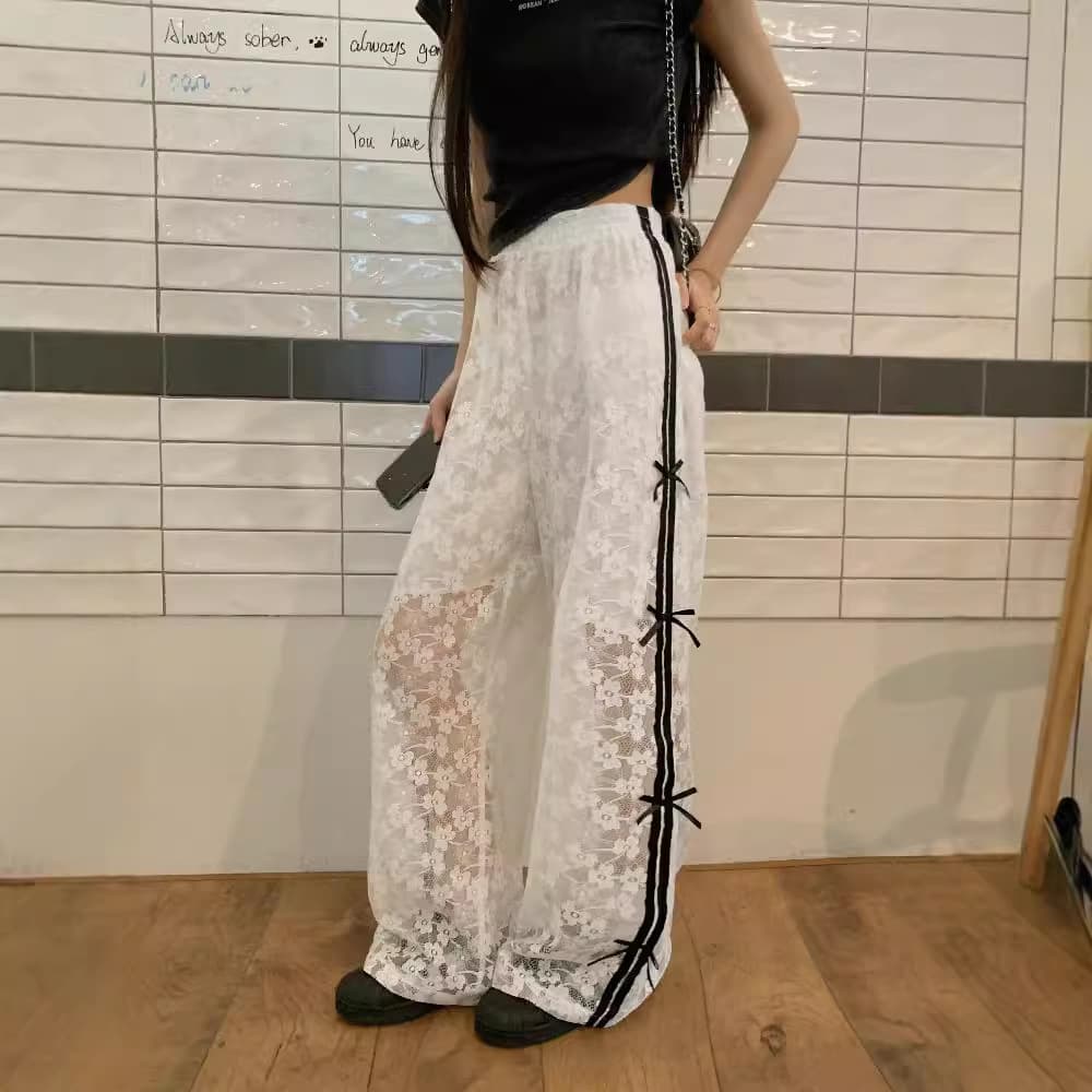 レースファッション レース花柄リボンワイドパンツ