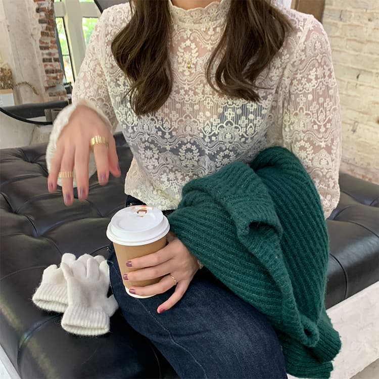 レース 服 花柄刺繍レースハイネックブラウス
