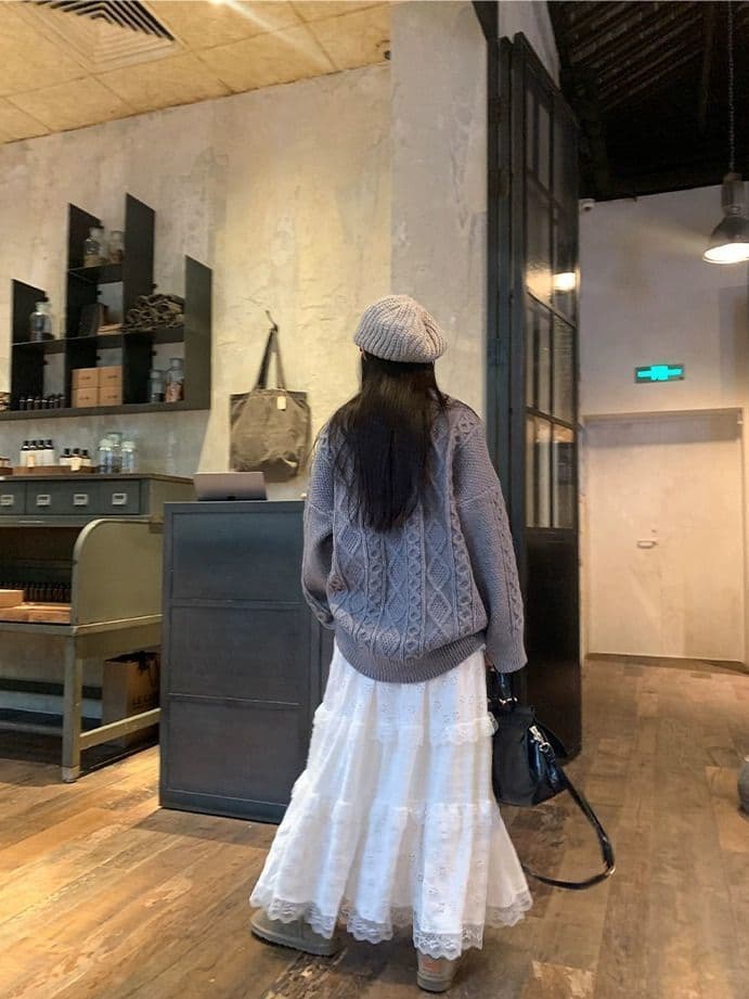 レースファッション ティアードレースデザインロングスカート