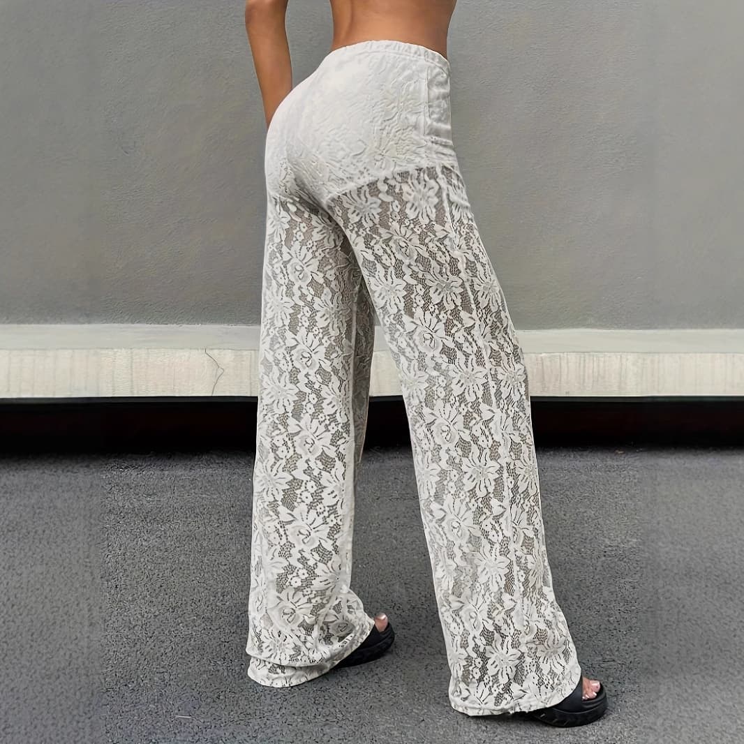レース 服 花柄シースルーレースワイドパンツ