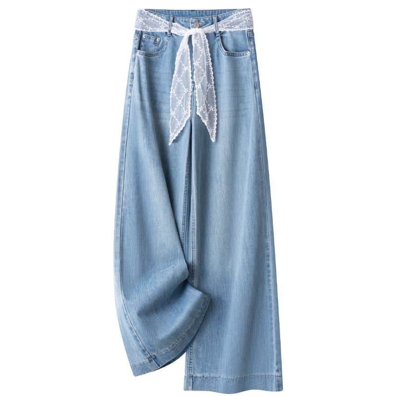 レース 服 レース飾りワイドデニムパンツ