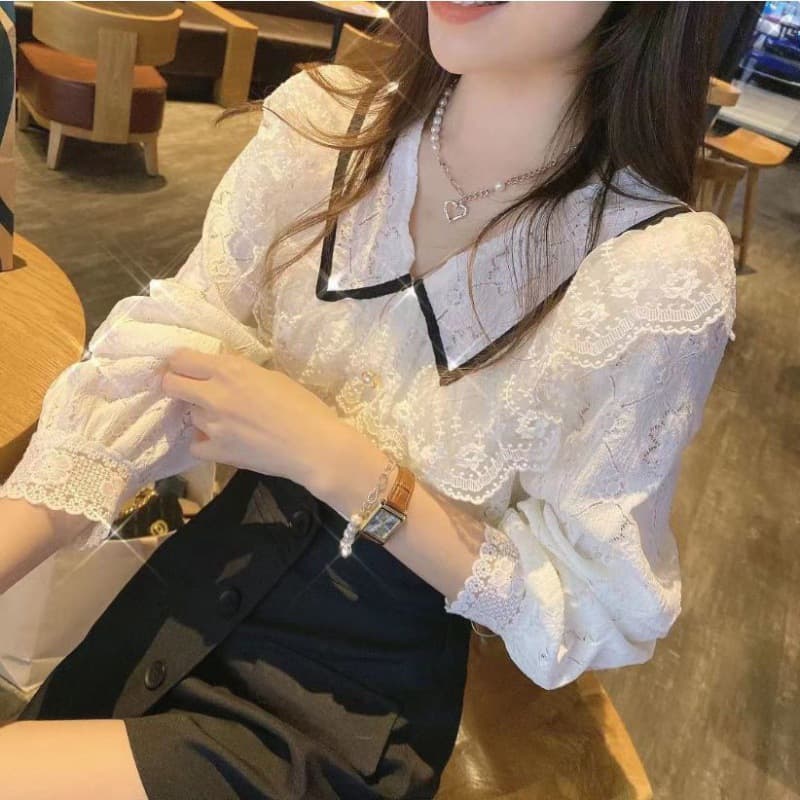 レース 服 トップス レース長袖シャツ 襟付きブラウス レディース