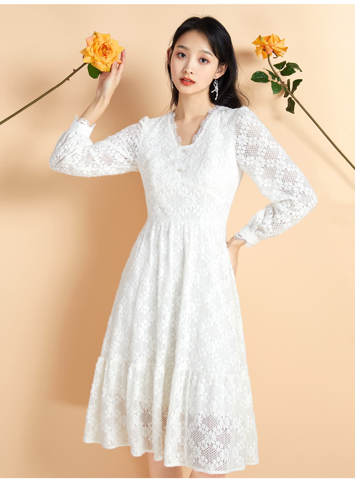 レース 服 花柄レース 長袖フレアワンピース