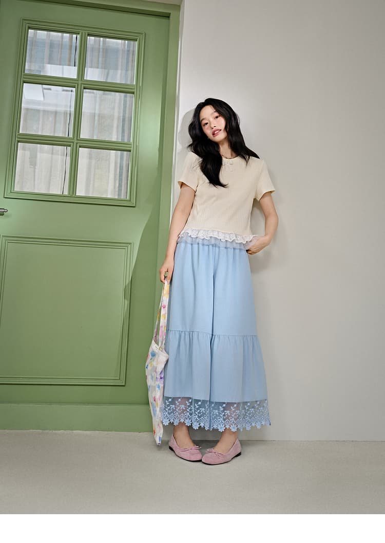 レース 服 花刺繍レース裾ティアードスカート