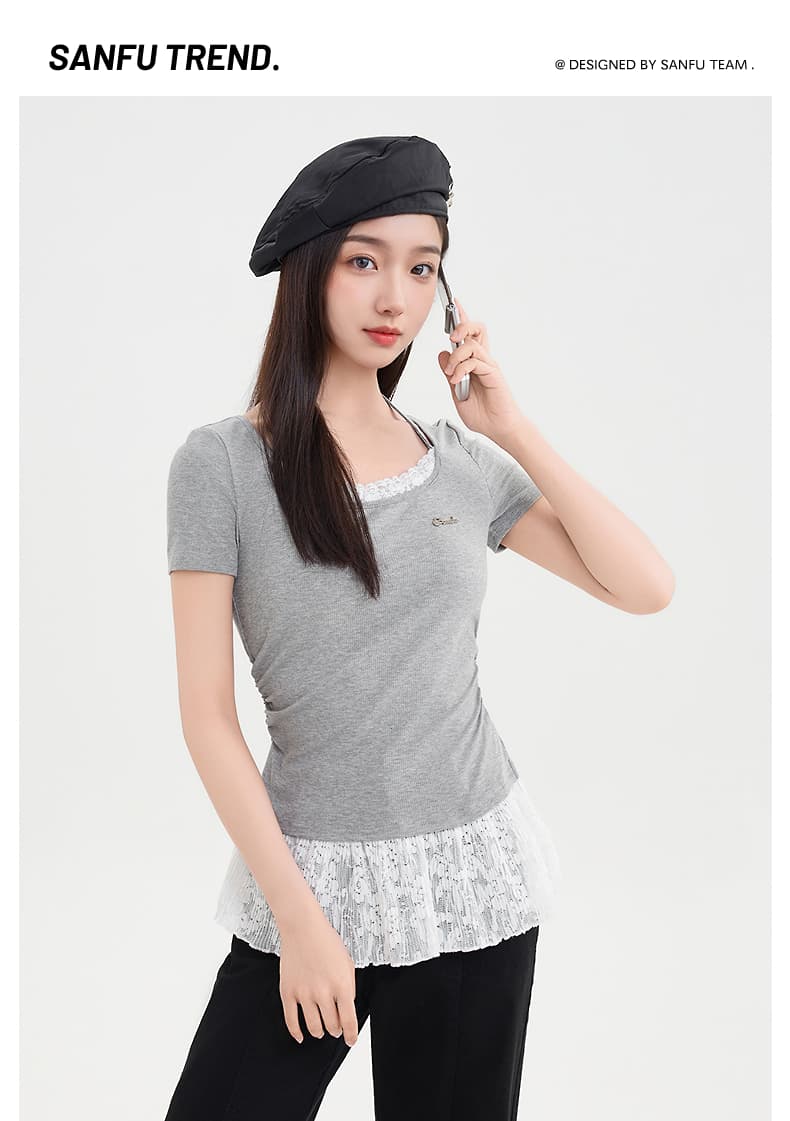 レース 服 レース裾フリル半袖リブトップス