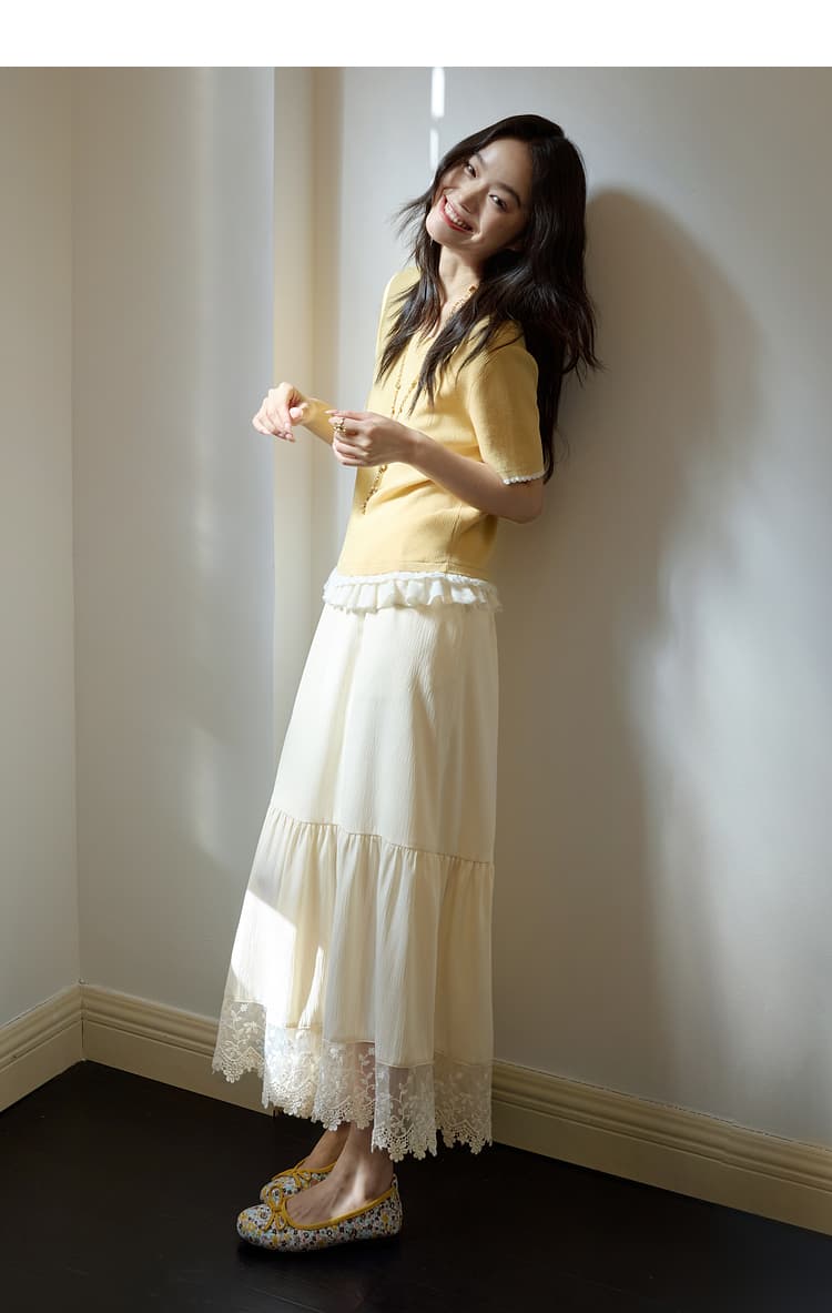 レース 服 花刺繍レース裾ティアードスカート