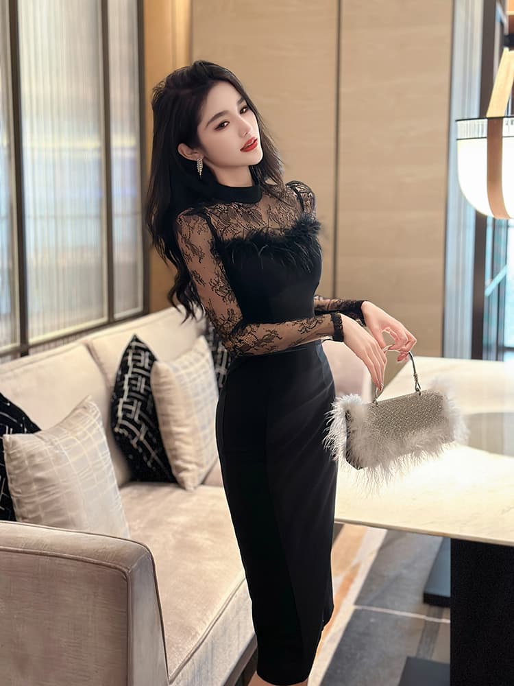 レース 服 上品シアーレース切替えミディ丈ワンピース