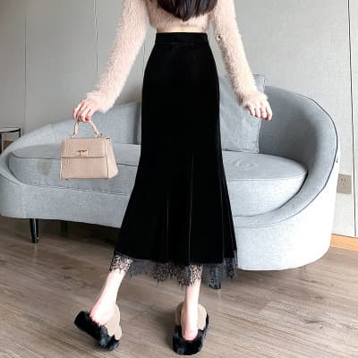 レースファッション 裾レース付きベロアロングスカート
