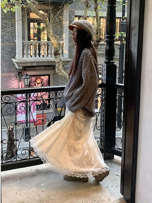 レースファッション ティアードレースデザインロングスカート