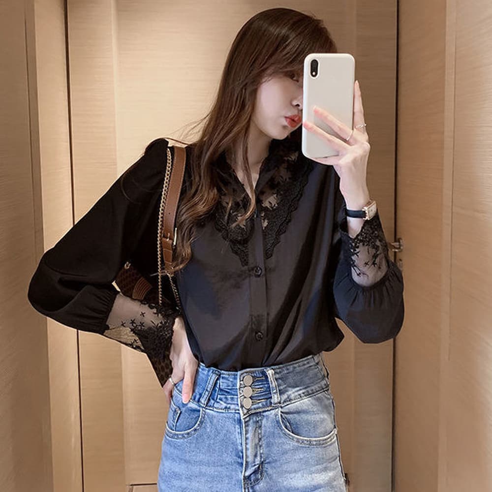 レース 服 刺繍レース長袖ブラウス レディース