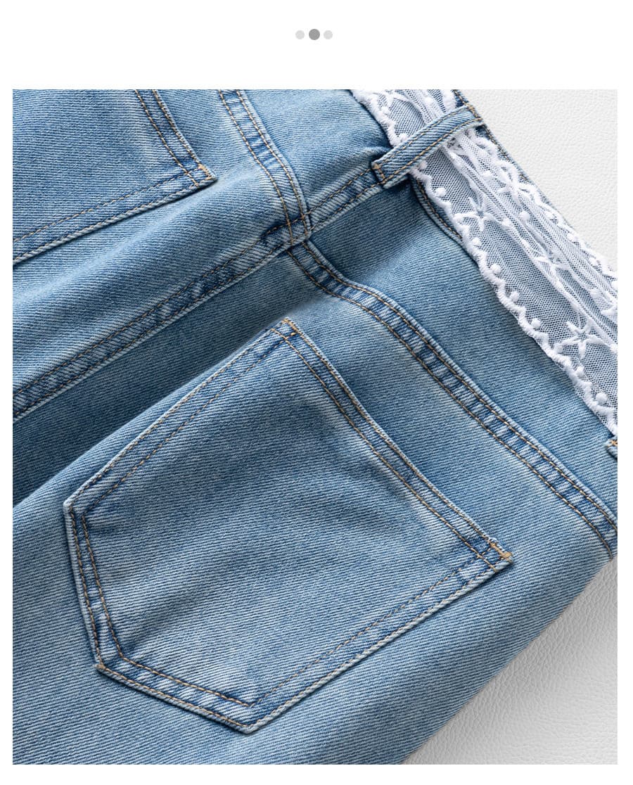 レース 服 レース飾りワイドデニムパンツ