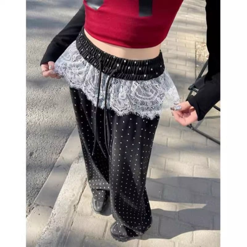 レース 服 ドット柄レース切替ワイドパンツ