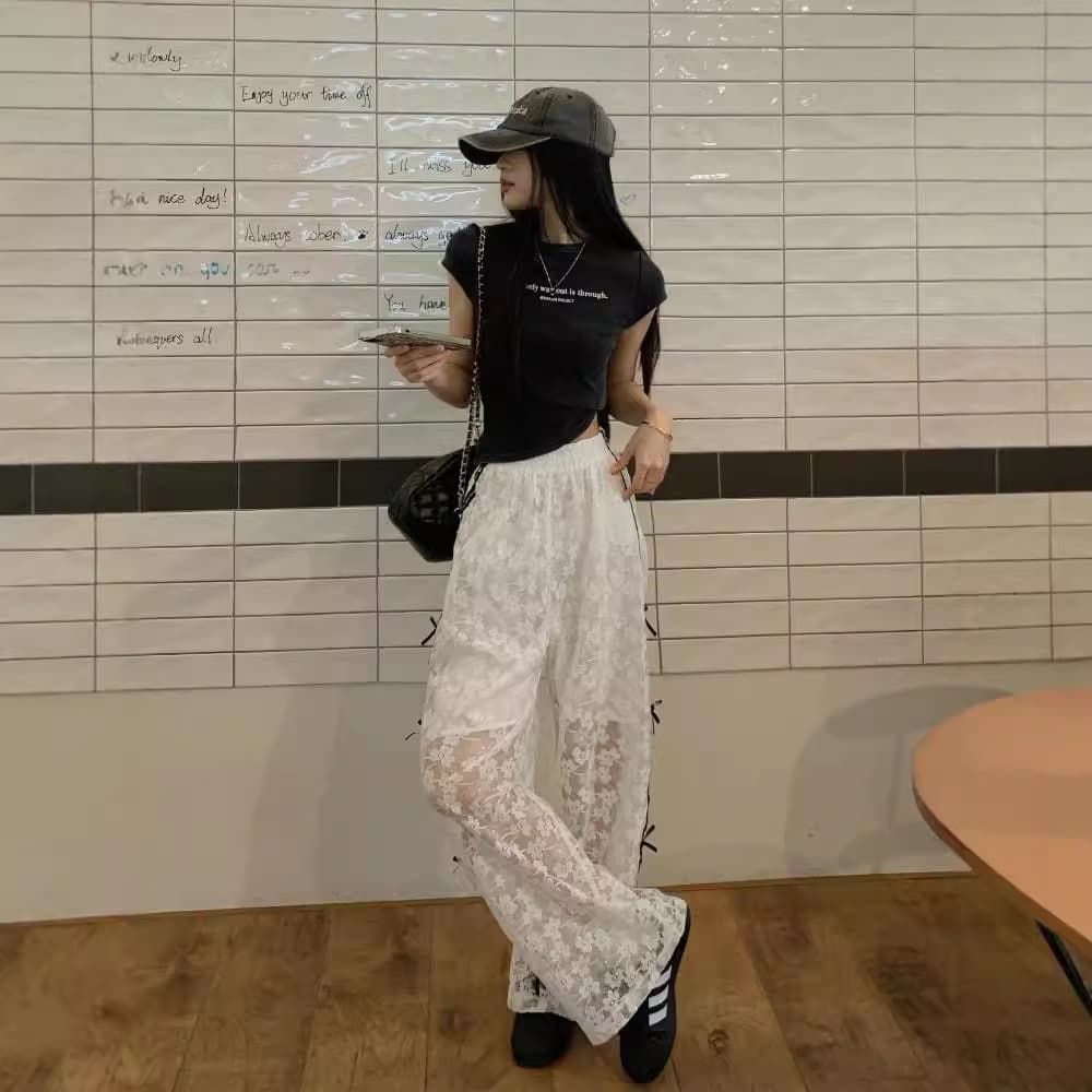 レースファッション レース花柄リボンワイドパンツ