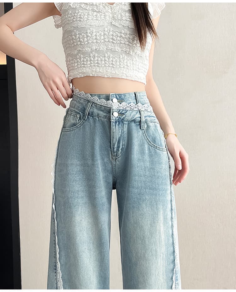 レース 服 レース装飾入りゆったりデニムパンツ