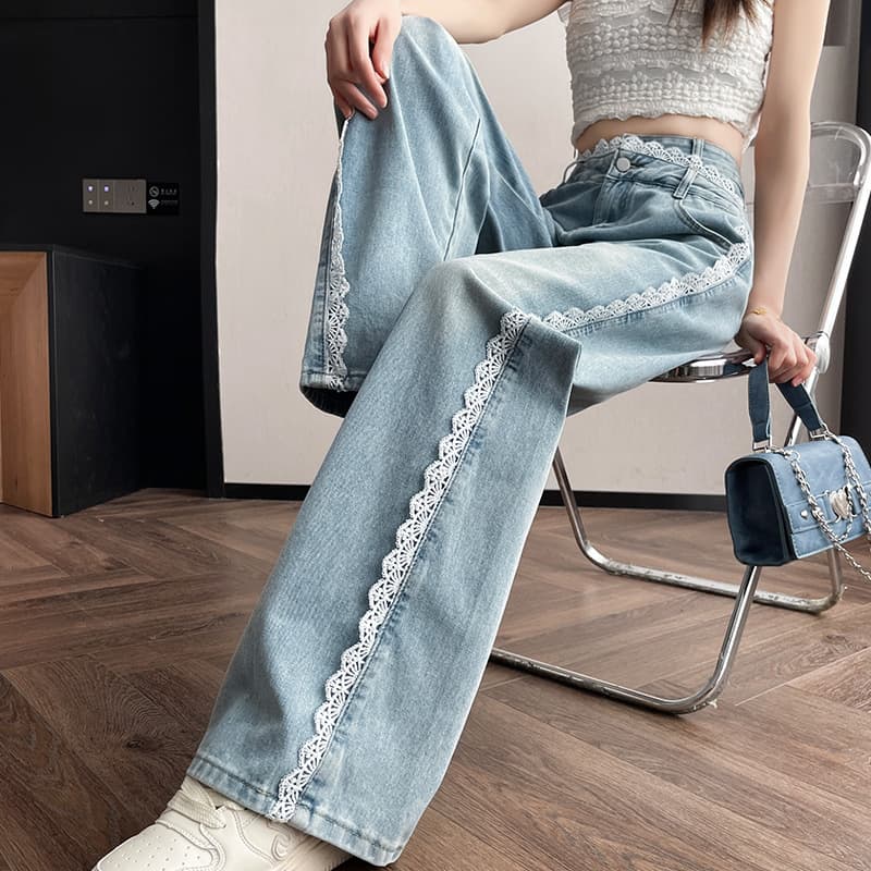 レース 服 レース装飾入りゆったりデニムパンツ