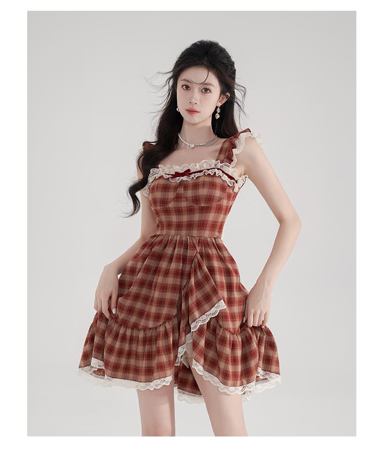 レース 服 格子模様フリルレースワンピース