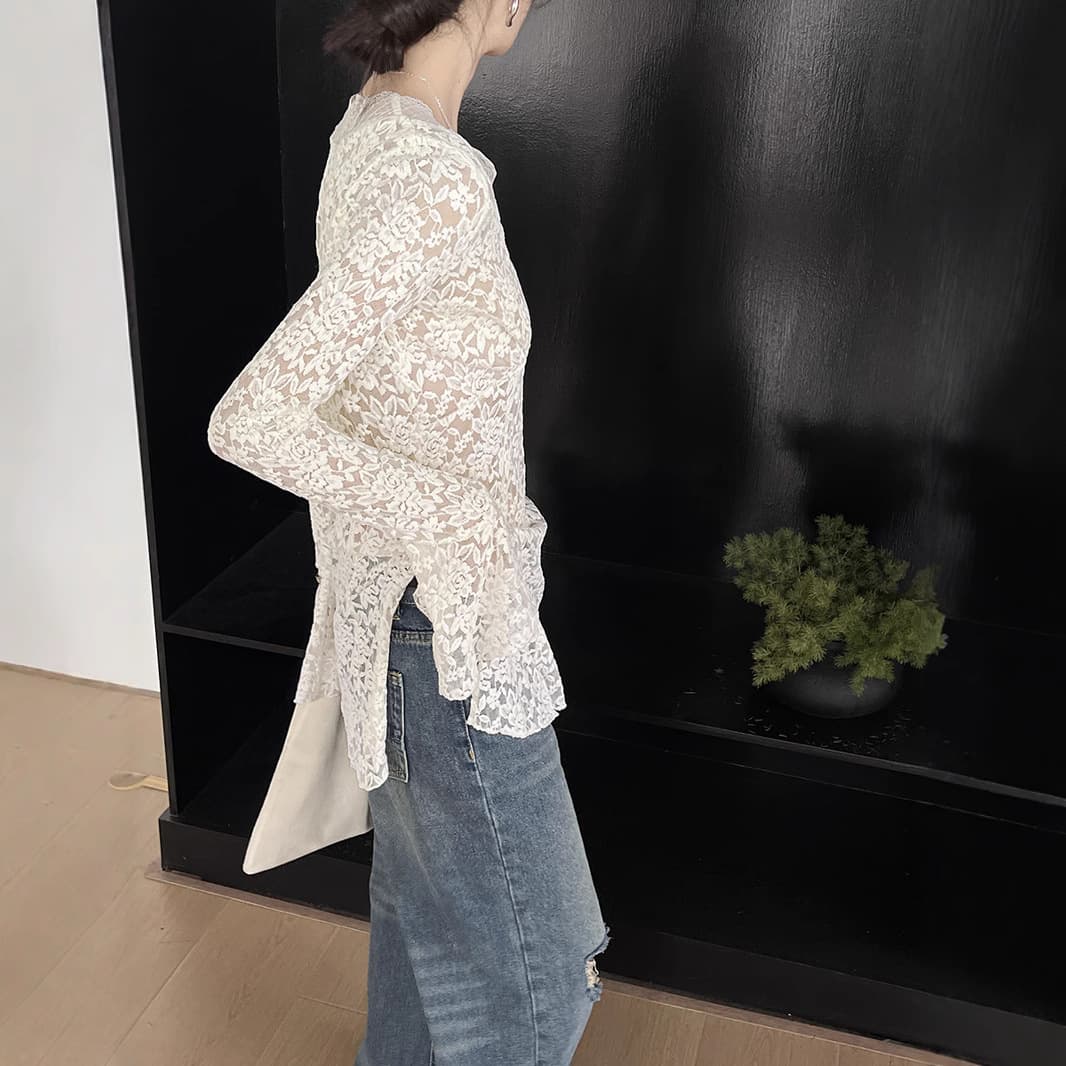 レース 服 透かし編みレース華麗長袖ブラウス