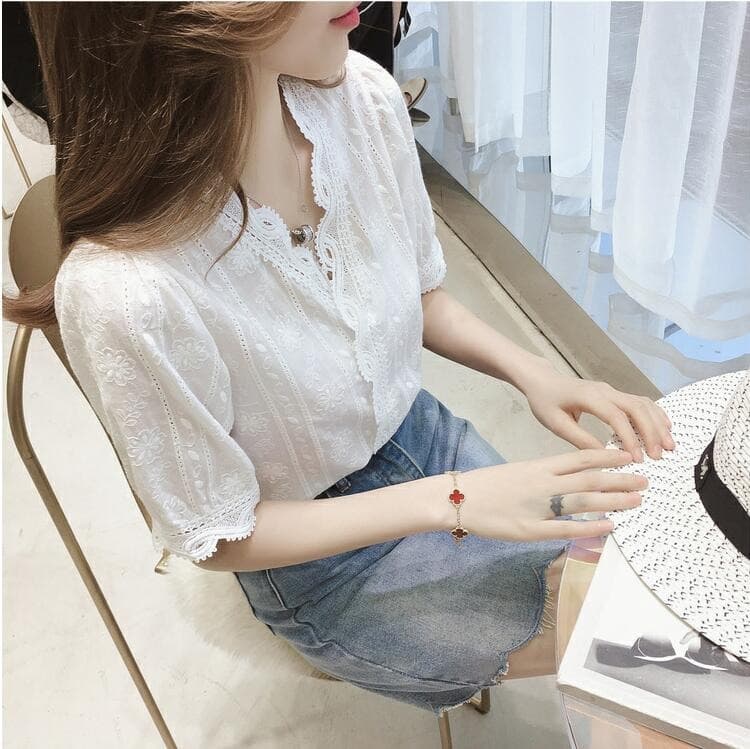 レースファッション レース刺繍入り七分袖トップス