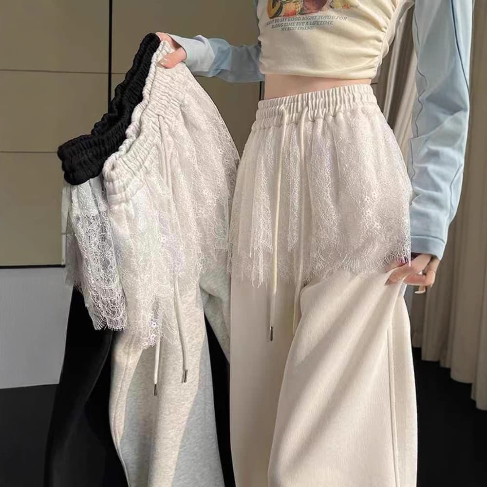 レース 服 レースフリルワイドパンツ