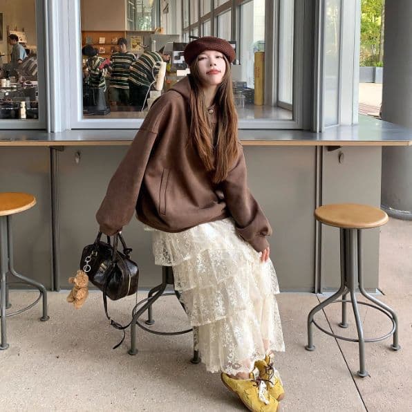 レースファッション 重ね花レース ティアードロングスカート