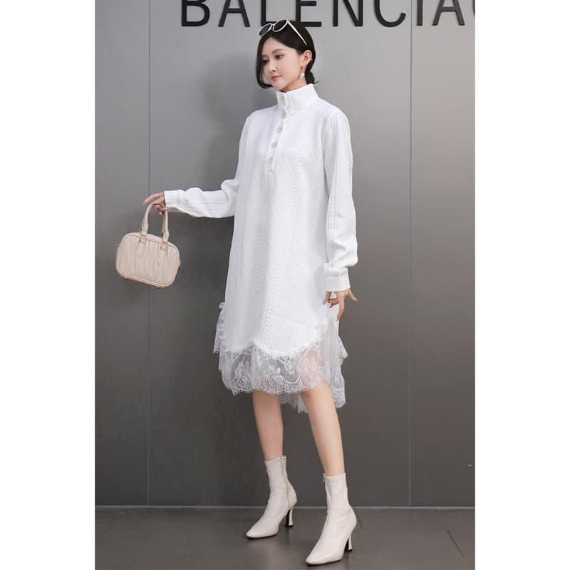レース 服 レース裾飾り襟付きゆったりワンピース