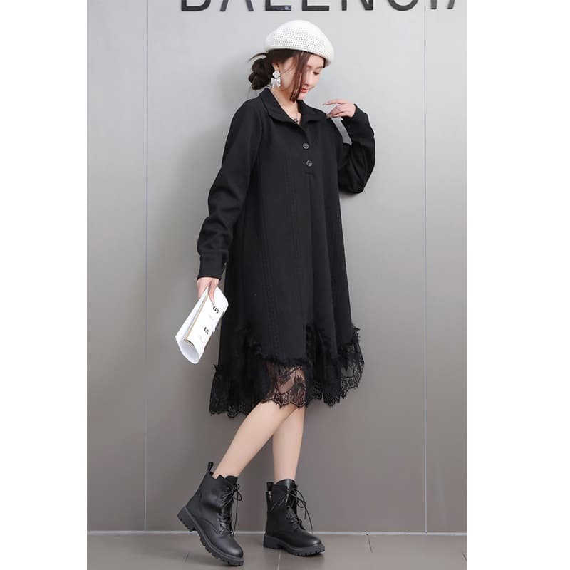 レース 服 レース裾飾り襟付きゆったりワンピース