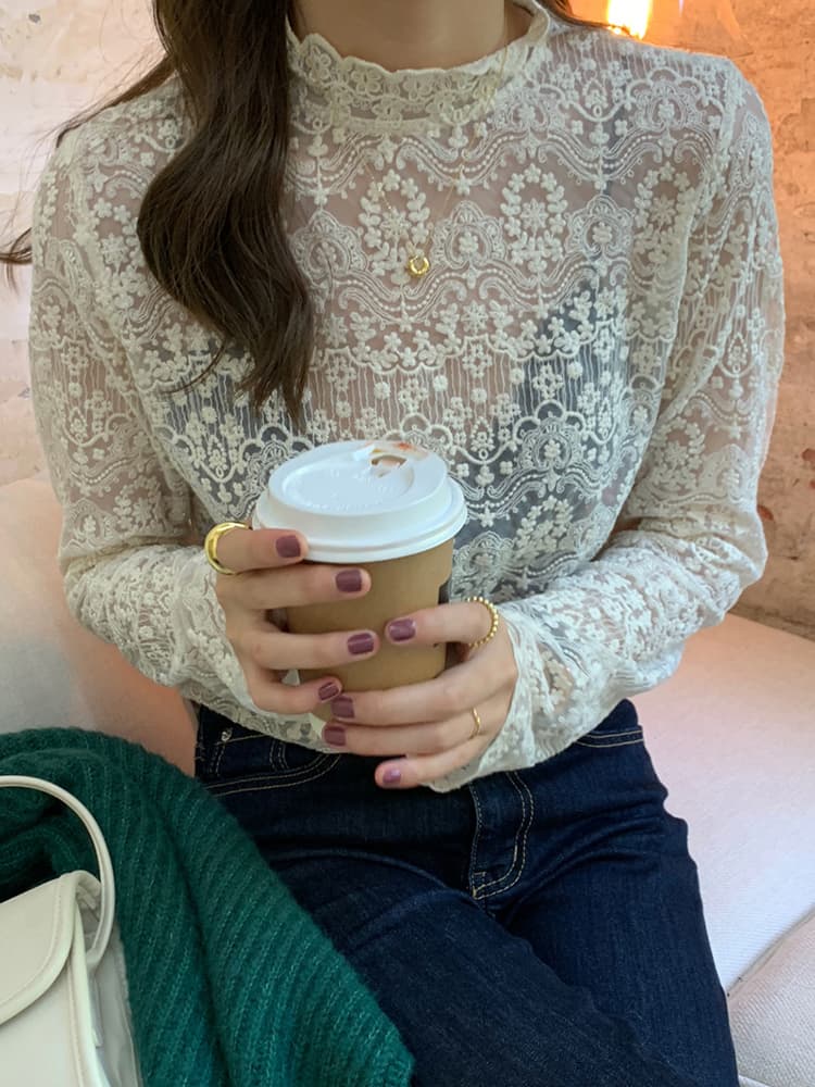 レース 服 花柄刺繍レースハイネックブラウス