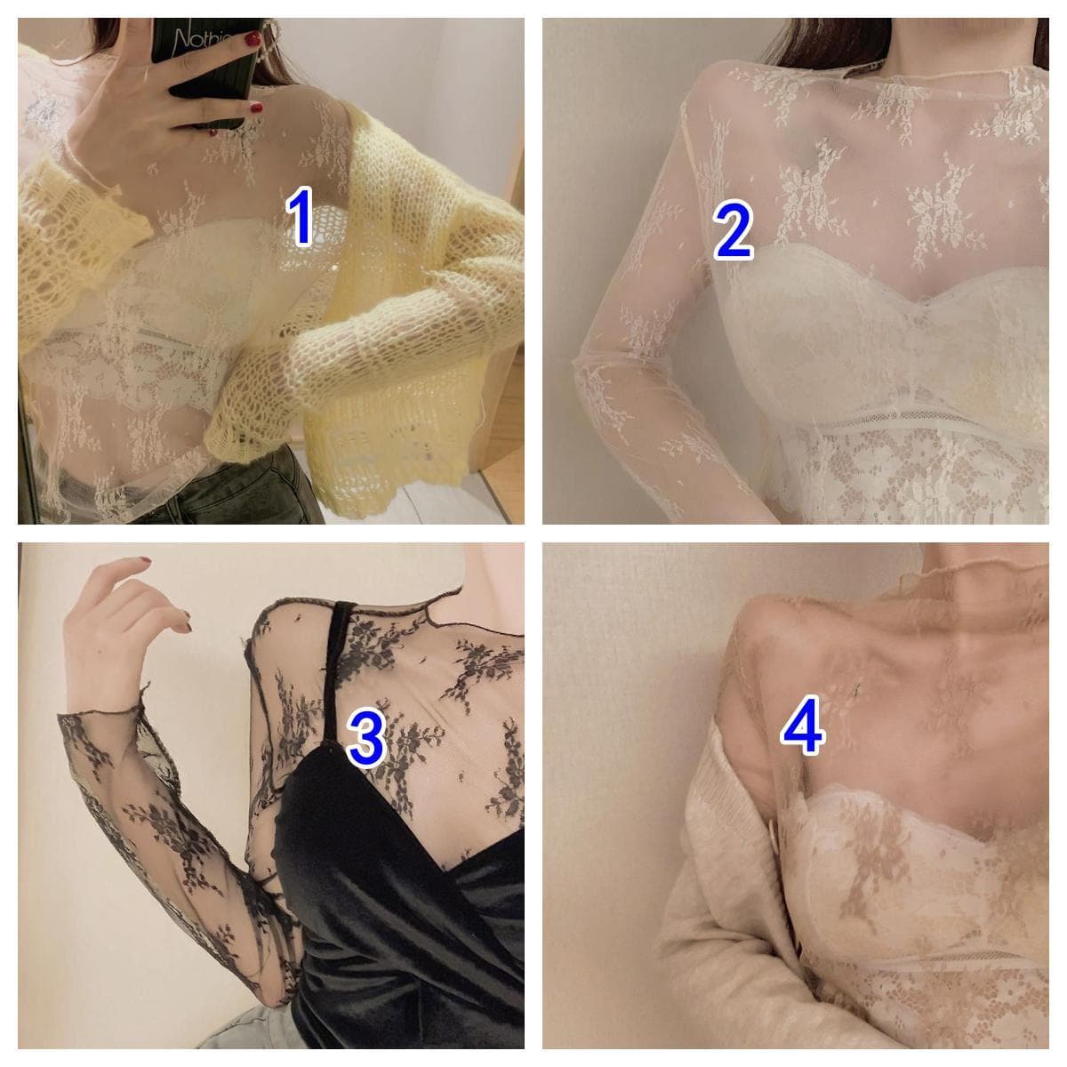 レース 服 インナー 長袖レース透け感ブラウス女性用