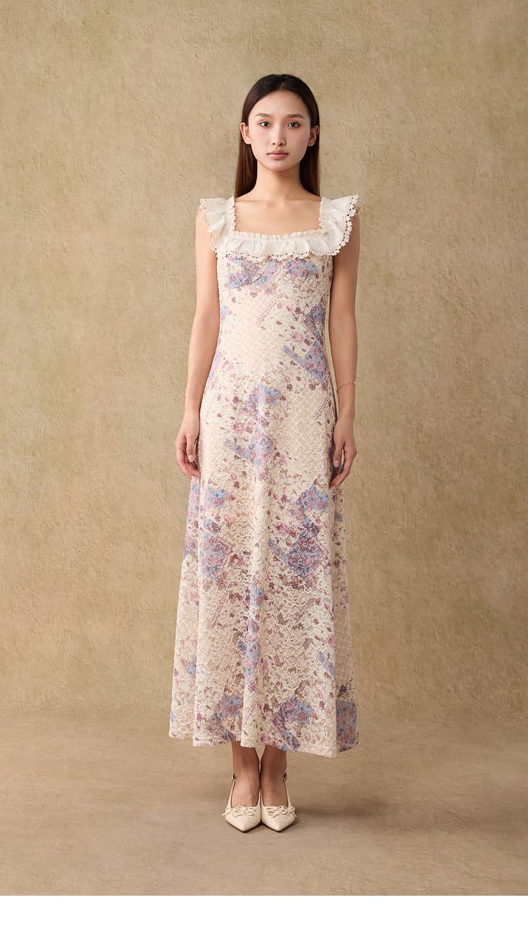 レース 服 花柄フリルレースロングワンピース