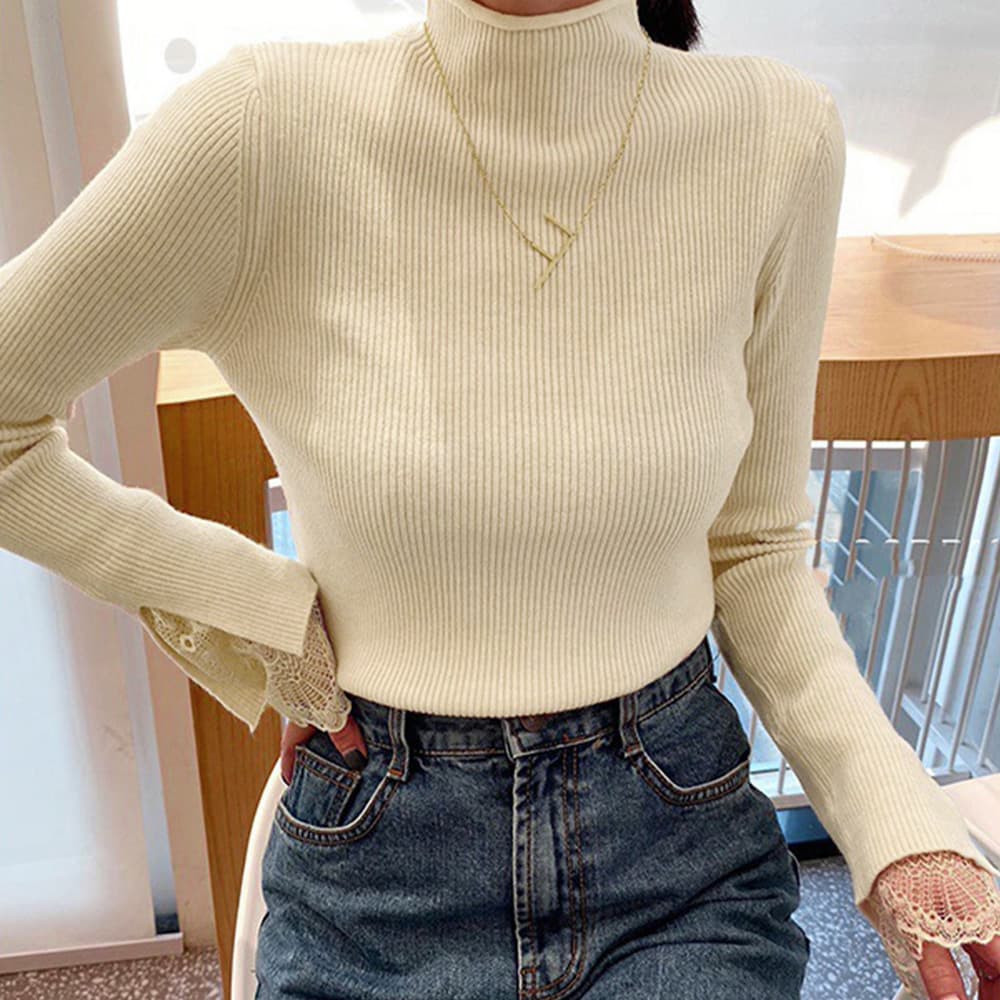 レース 服 袖先繊細花柄総レースタートルニットセーター女性用