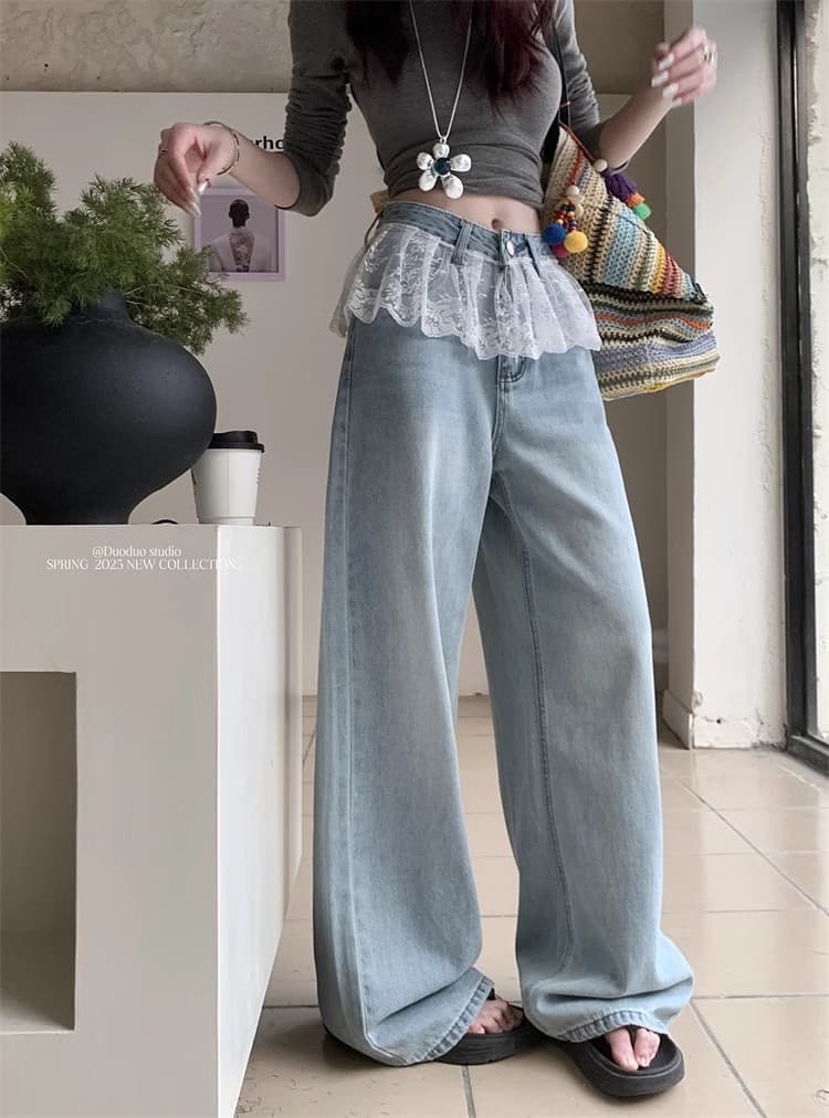 レース 服 レース飾り付き極太デニムパンツ