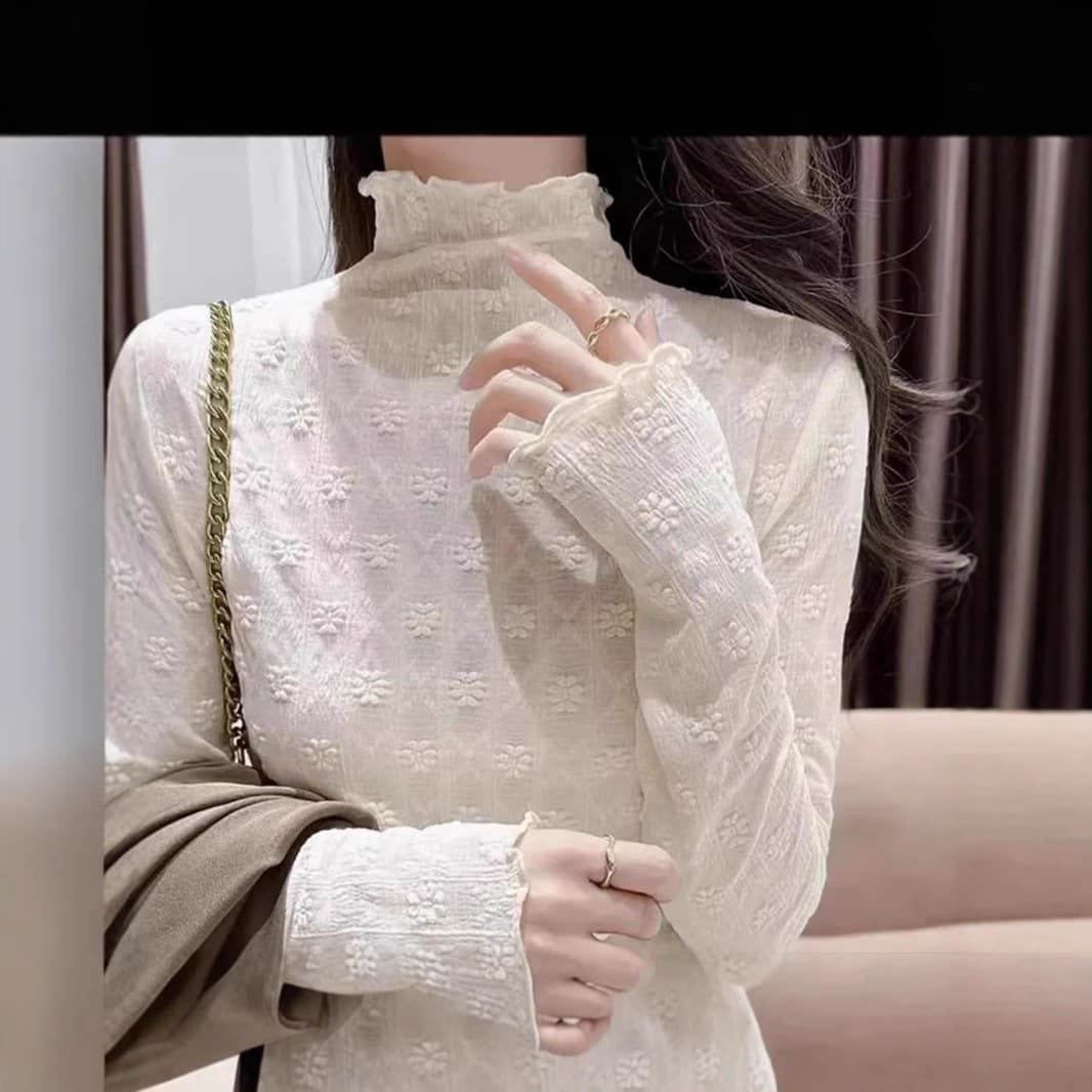 レース 服 花柄刺繍入り立ち襟レーストップス