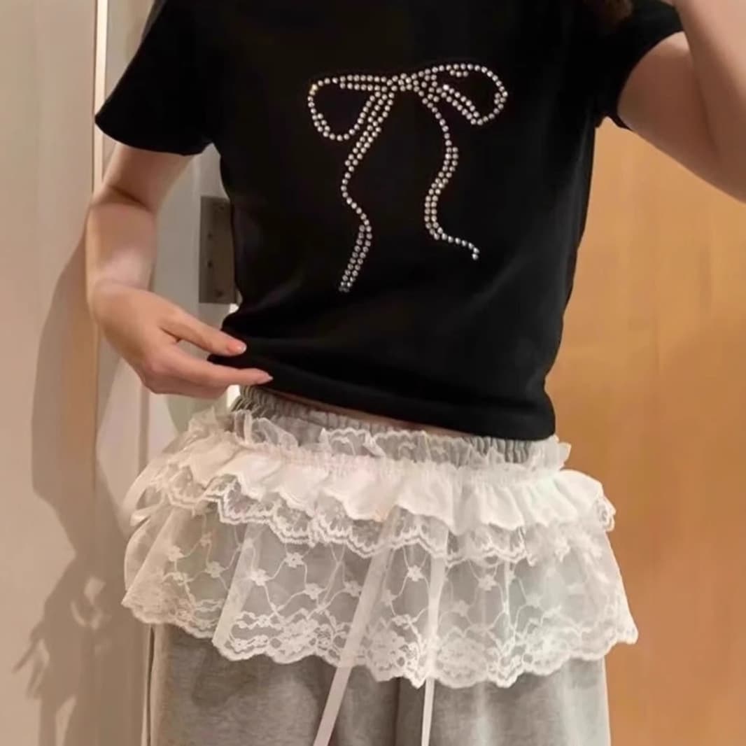 レース 服 姫系レースフリルライン付きゆったりパンツ