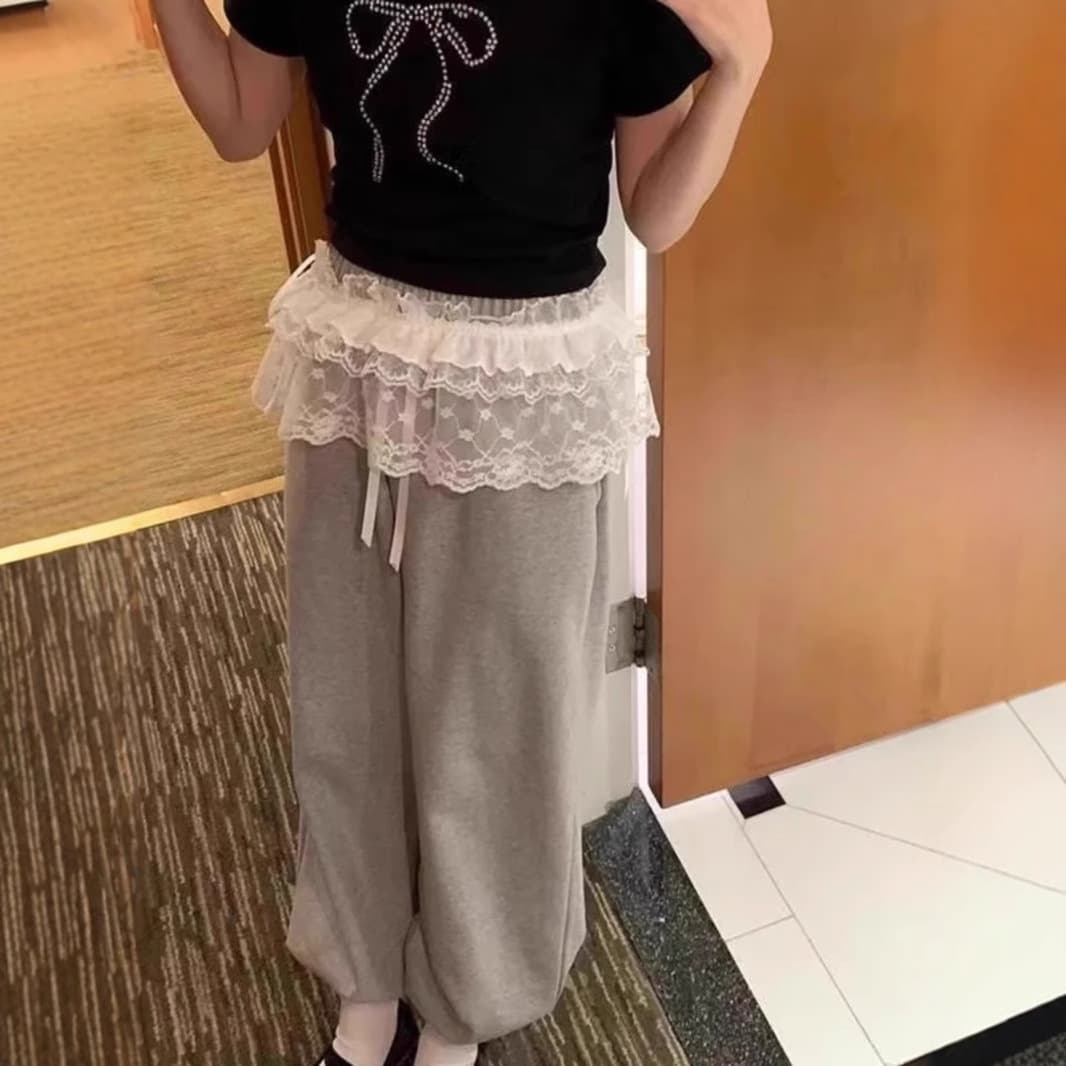 レース 服 姫系レースフリルライン付きゆったりパンツ