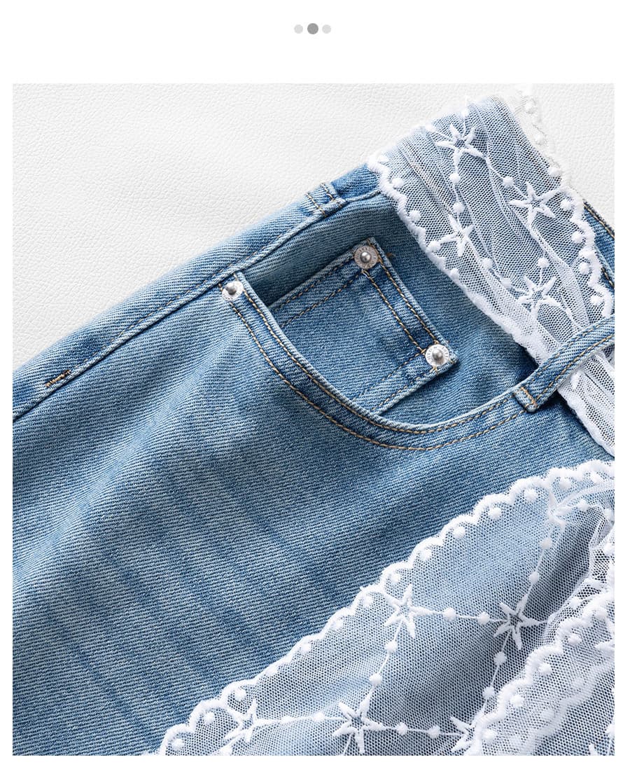 レース 服 レース飾りワイドデニムパンツ