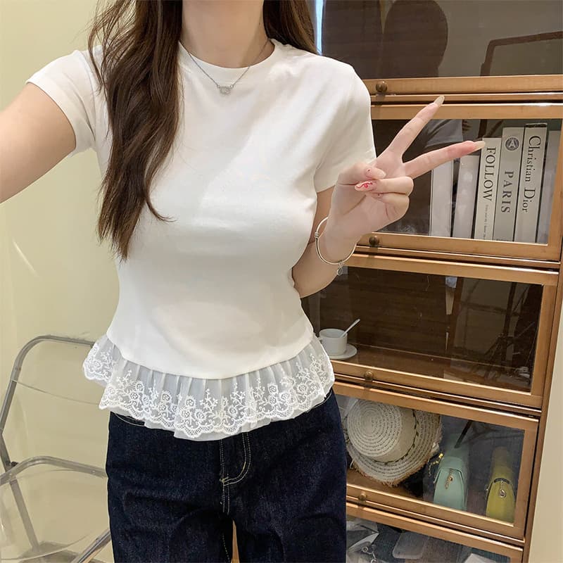 レース 服 裾レース切替フリルカットソー