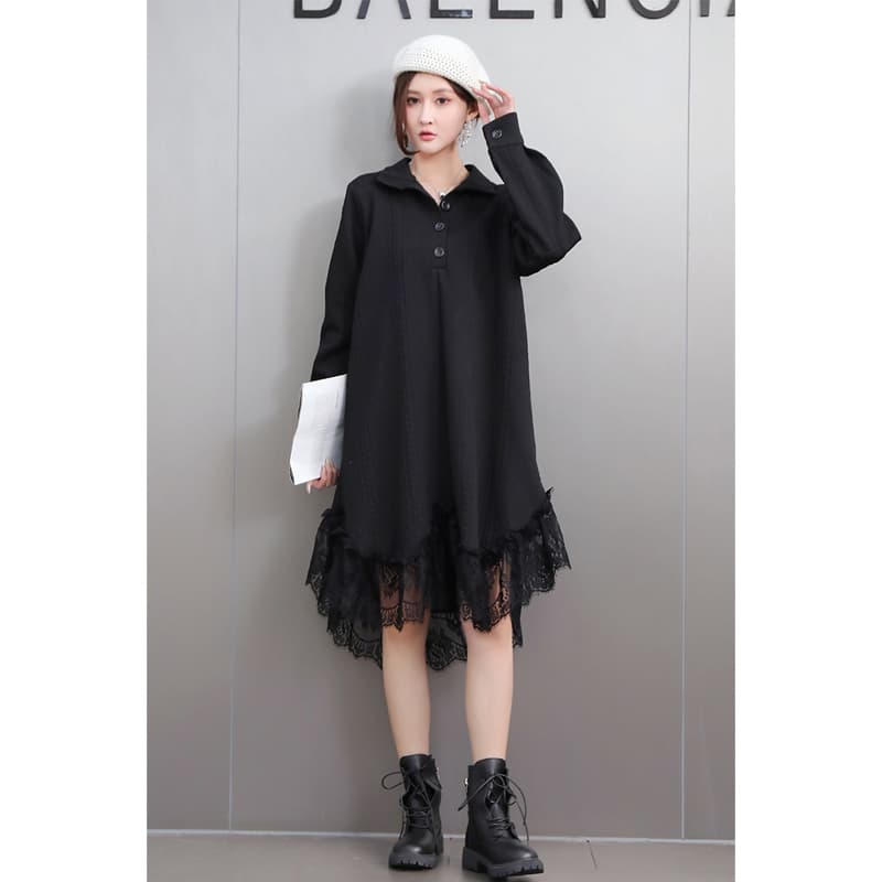 レース 服 レース裾飾り襟付きゆったりワンピース