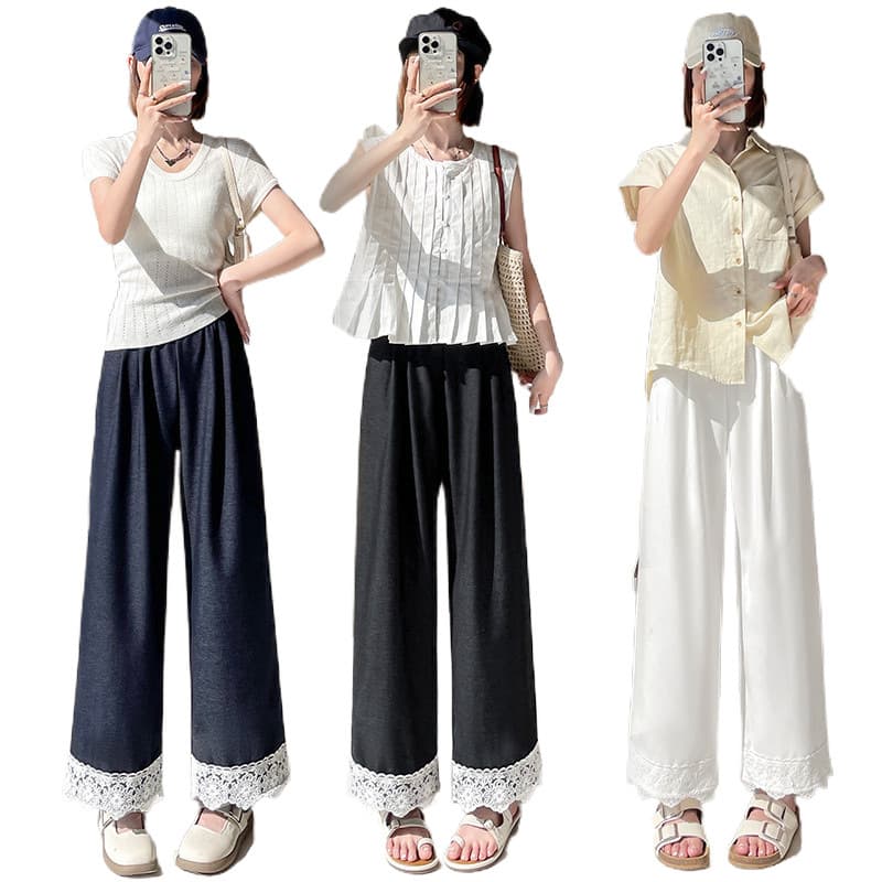 レース 服 裾レース切替ワイドパンツ