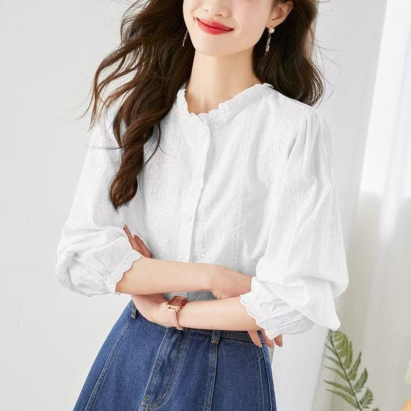 レース 服 花刺繍レース襟ふんわり袖ブラウス