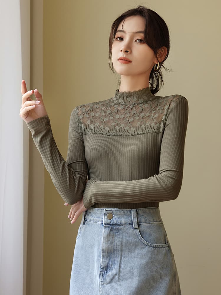 レース 服 レース切替リブニットトップス
