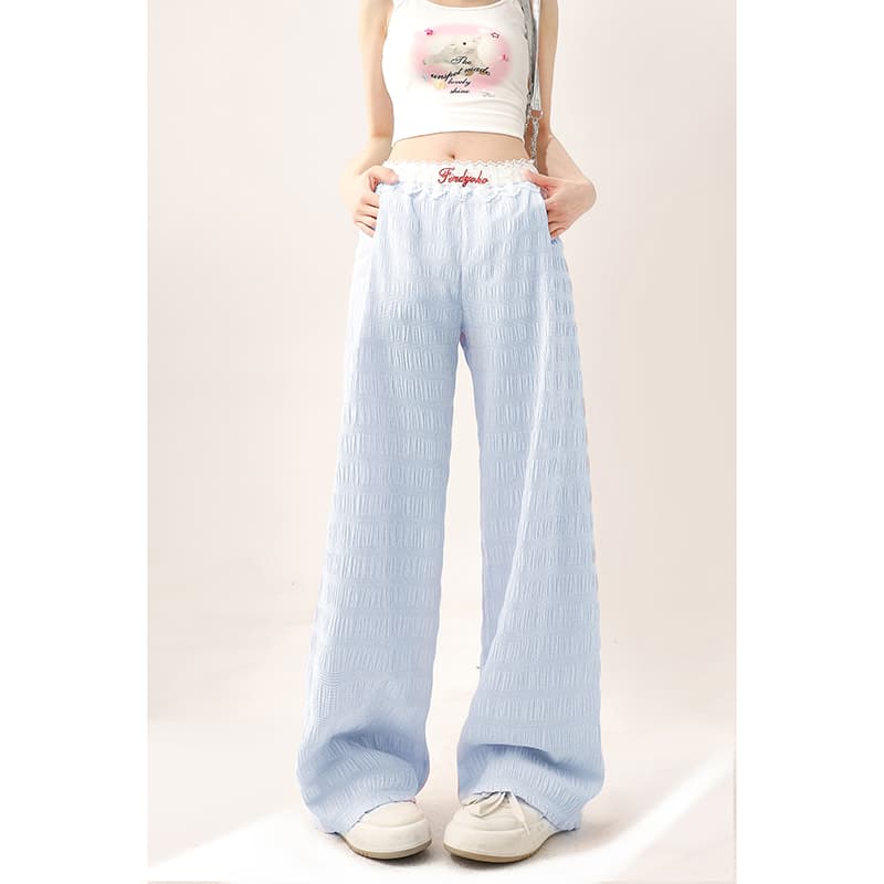 レースファッション レース付きシャーリングワイドパンツ