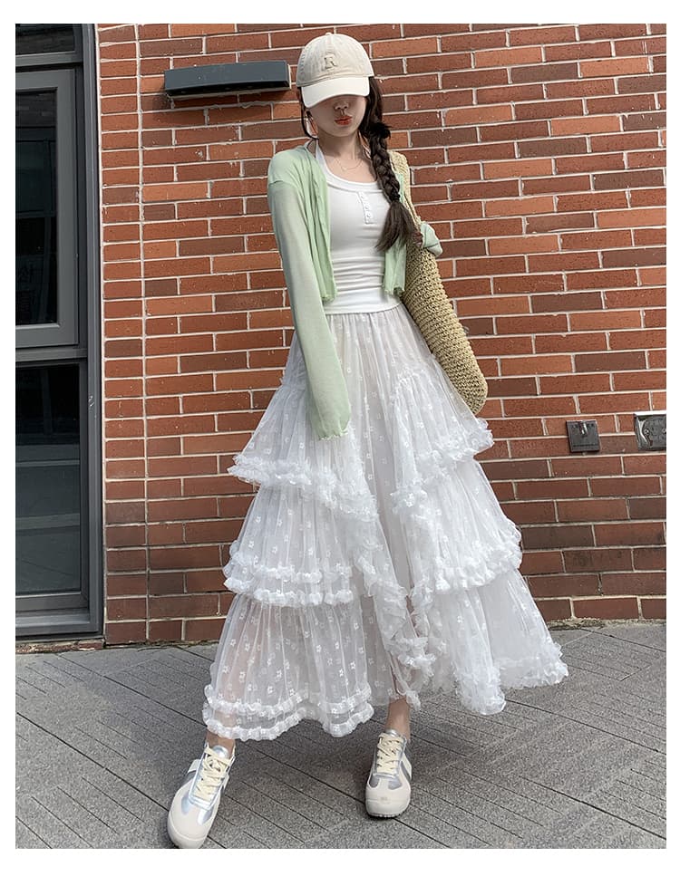 レース 服 ふんわり重ねティアードメッシュスカート