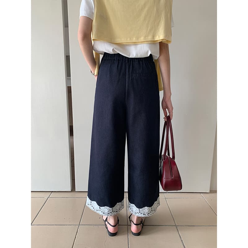 レース 服 裾レース装飾ワイドパンツ