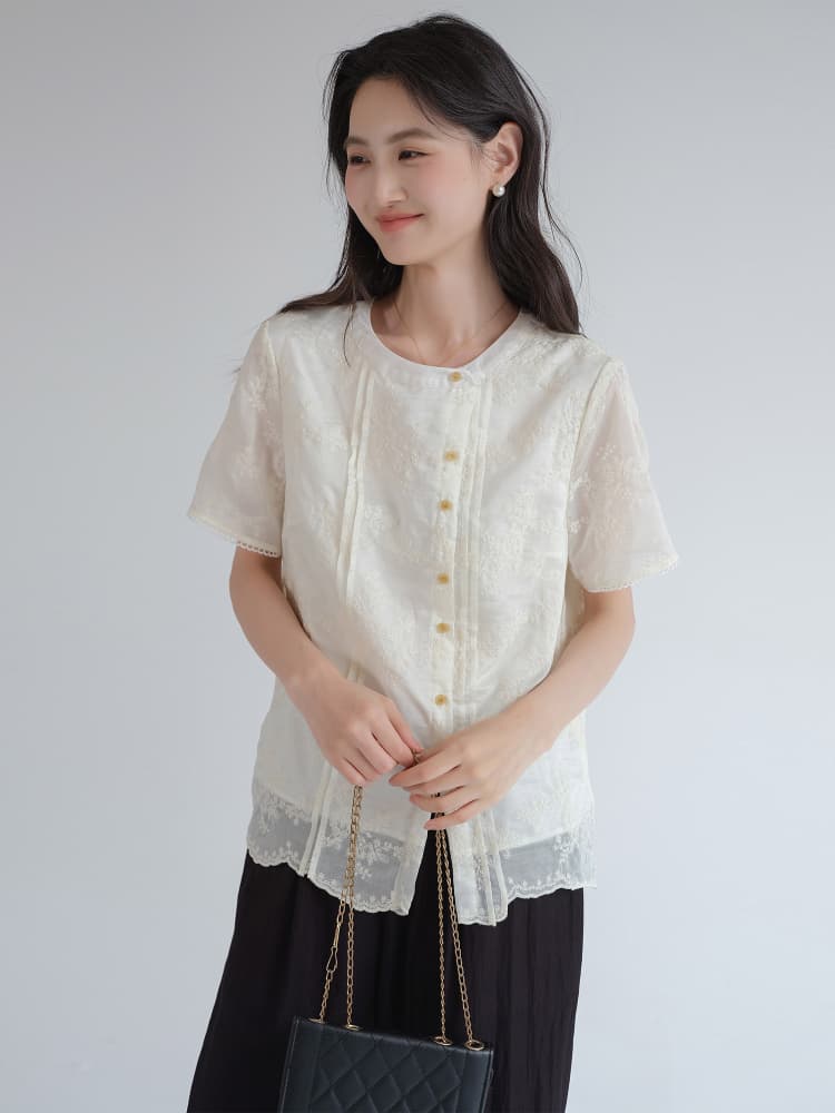 レース 服 花刺繍入り裾レース半袖ブラウス