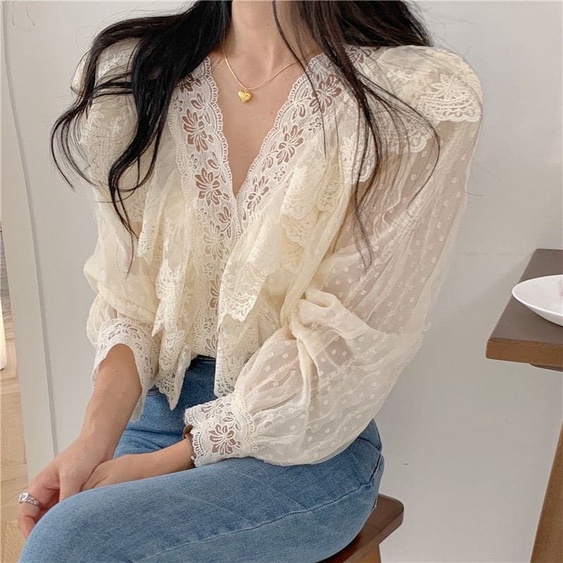 レース 服 トップス エレガントレースブラウス長袖白色トップス